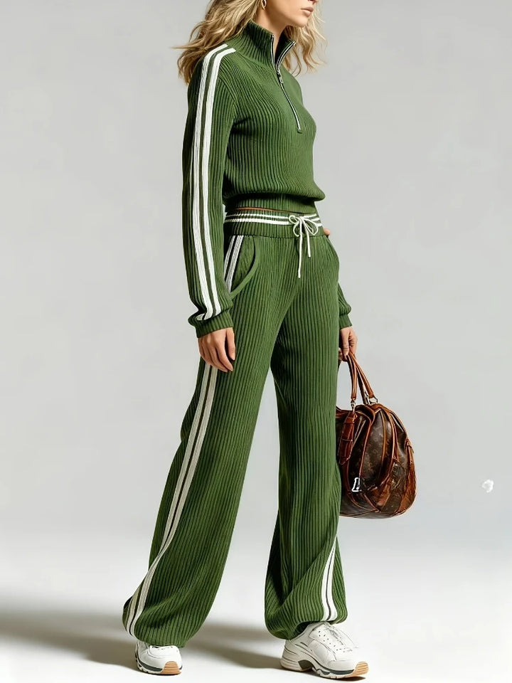 Green ribbed knit set with contrast side stripe, side view