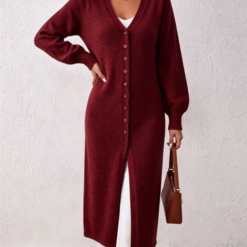 Close up of red long cardigan button front detail