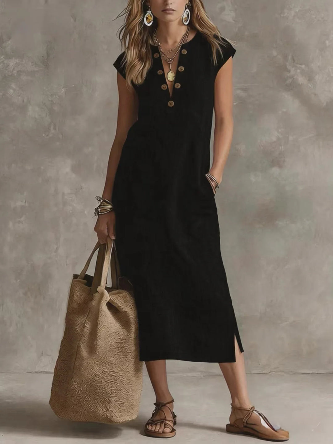 Sadie Relaxed V Neck Button Front Midi Dress