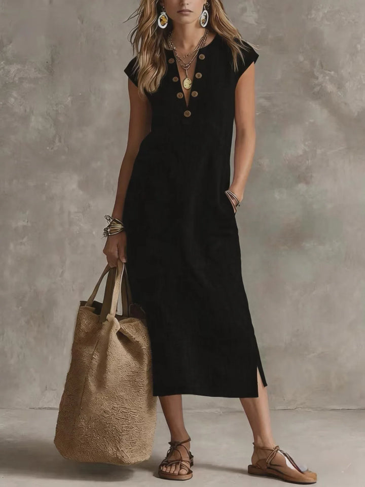 Sadie Relaxed V Neck Button Front Midi Dress