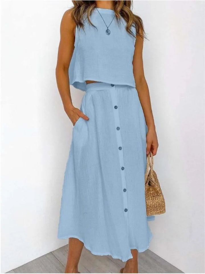 Eleanora Sleeveless Top And Button Midi Skirt Set