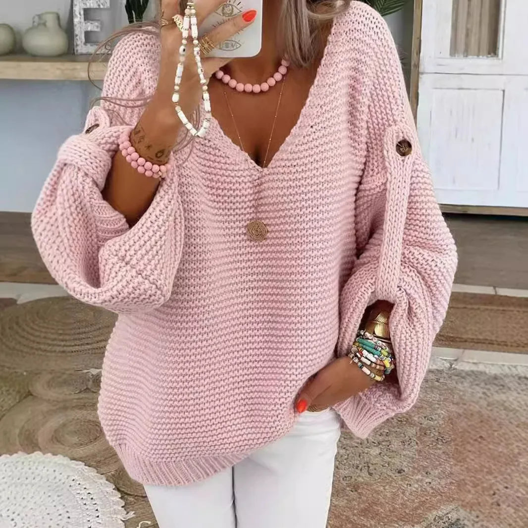Pink chunky knit V-neck sweater with lantern sleeves