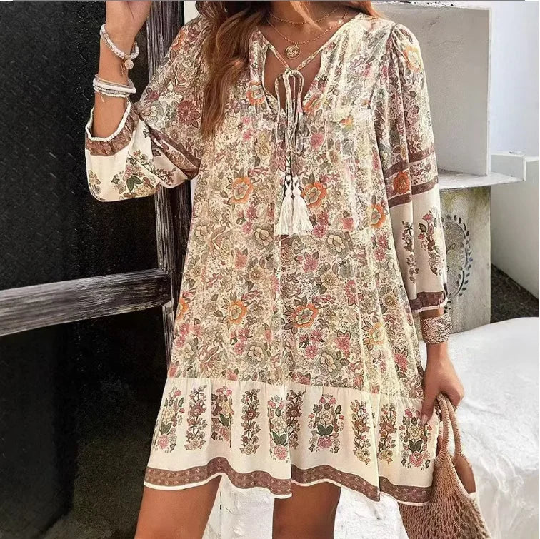 Delilah Relaxed Boho Print Long Sleeve Mini Dress