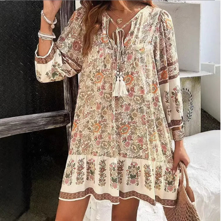 Delilah Relaxed Boho Print Long Sleeve Mini Dress