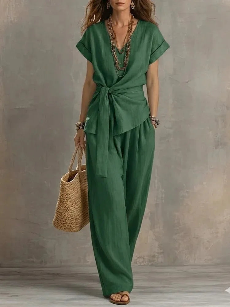 Ainsley Relaxed Tie Waist V Neck Lounge Set