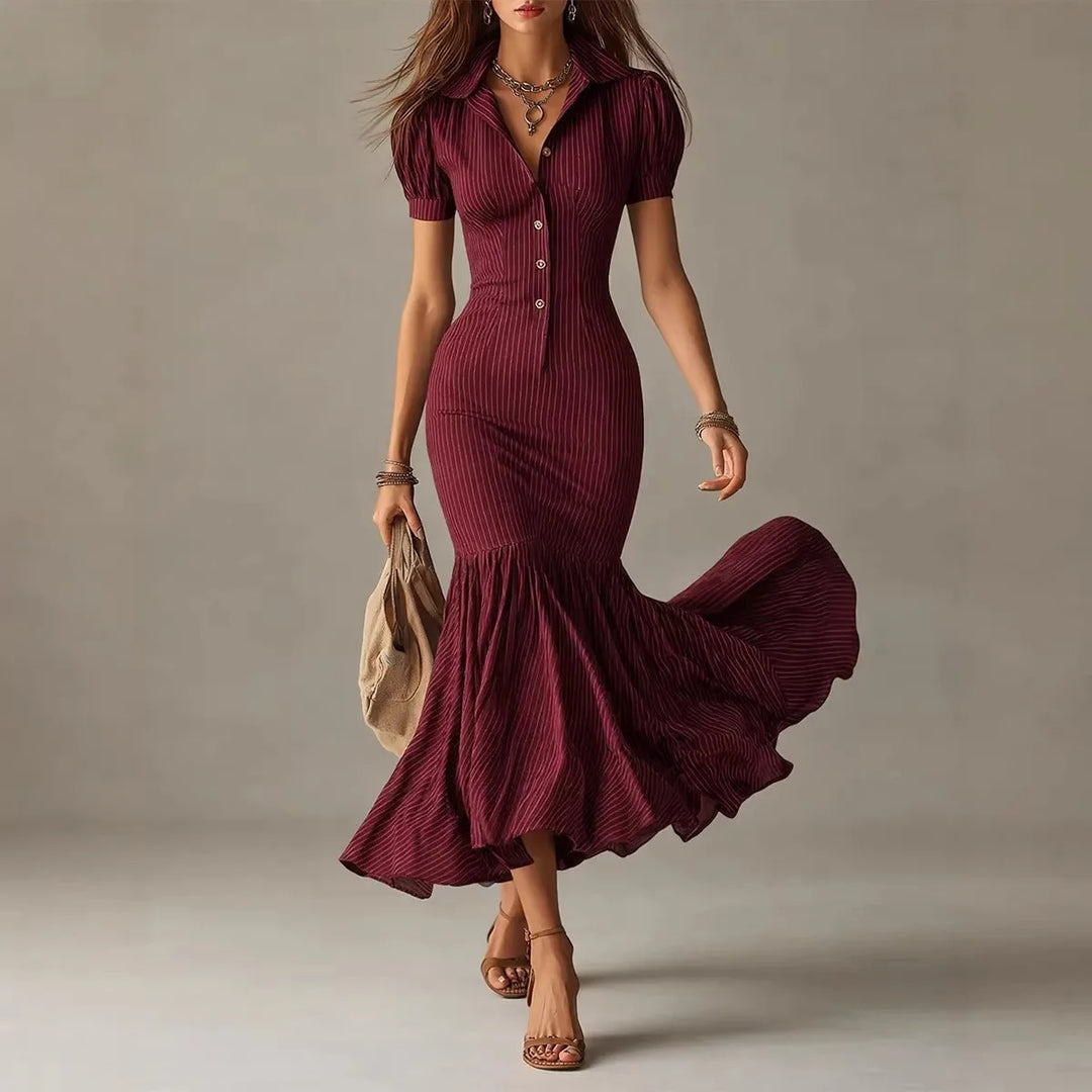 Front view of maroon pinstripe button front mermaid dress