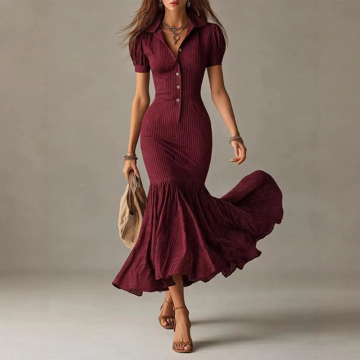 Front view of maroon pinstripe button front mermaid dress