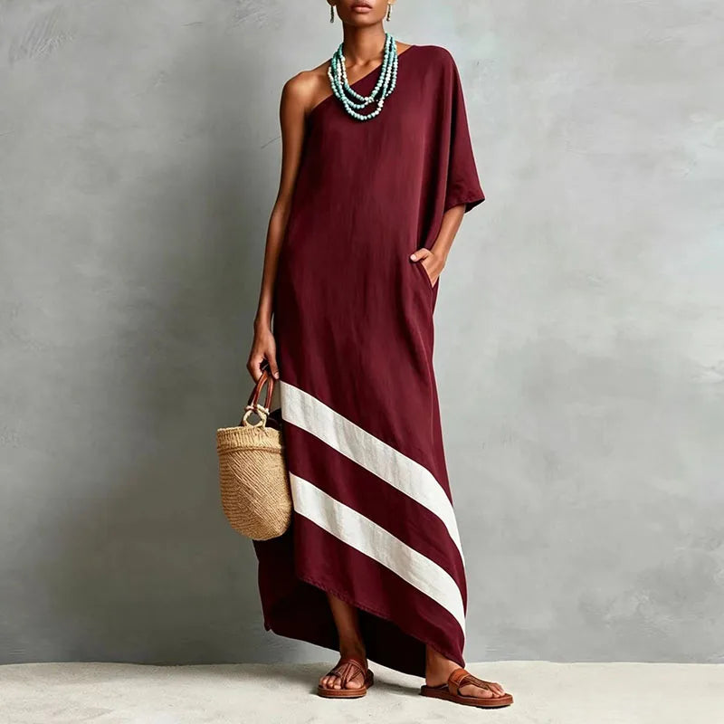 Red one-shoulder maxi dress with diagonal stripe hem