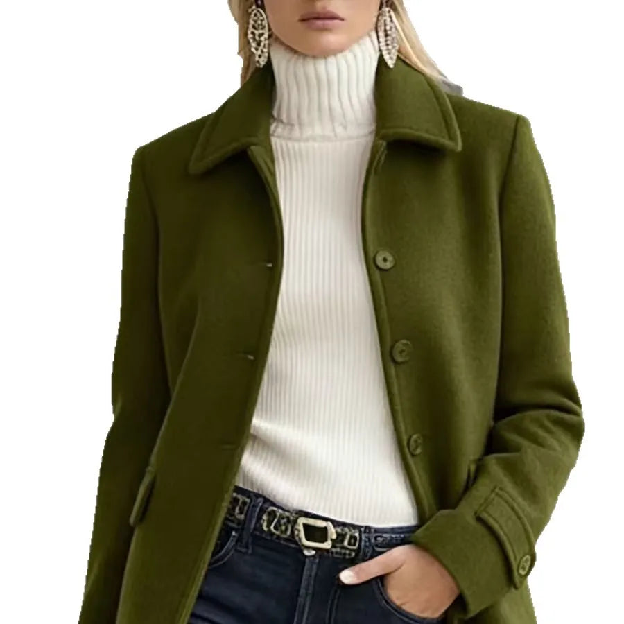 Close up of army green wool coat with button front