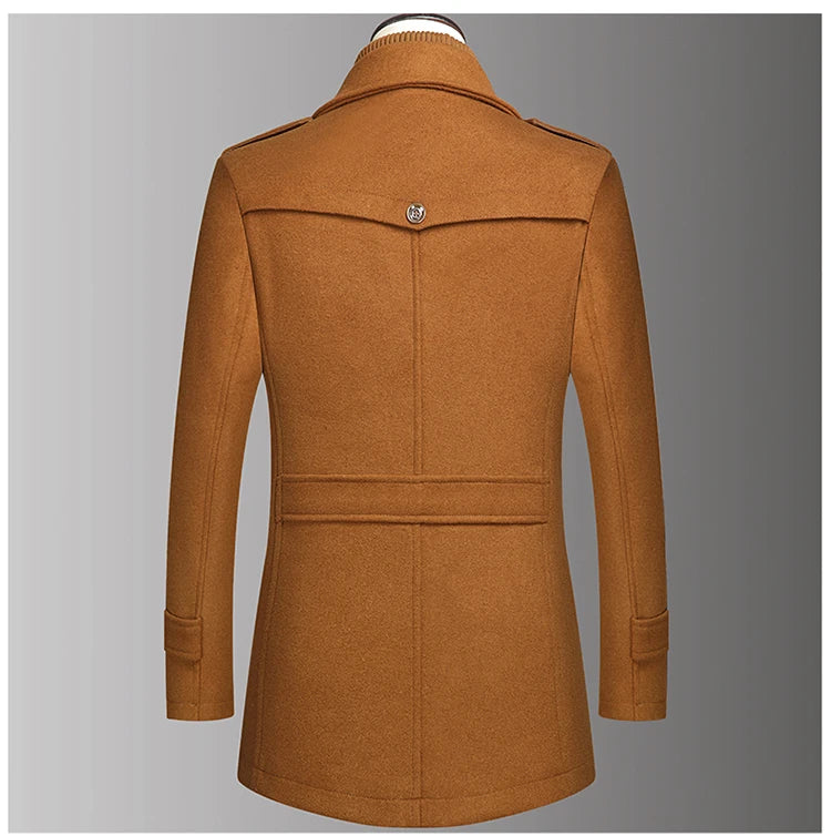 Khaki wool coat back view showing shoulder yoke and back seaming