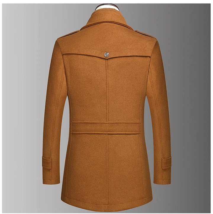 Khaki wool coat back view showing shoulder yoke and back seaming