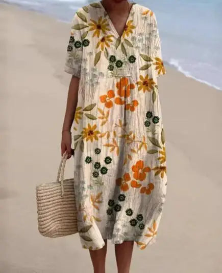 Mallory Printed V Neck Midi Dress