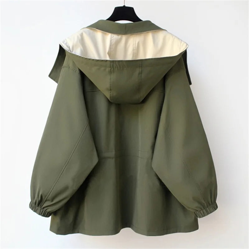Back view of green trench jacket with hood