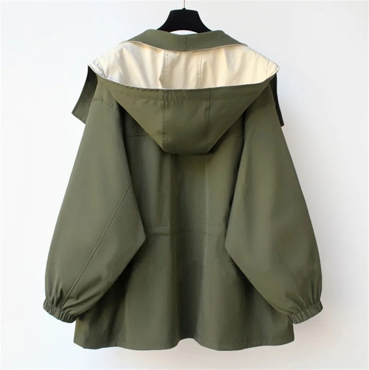 Back view of green trench jacket with hood