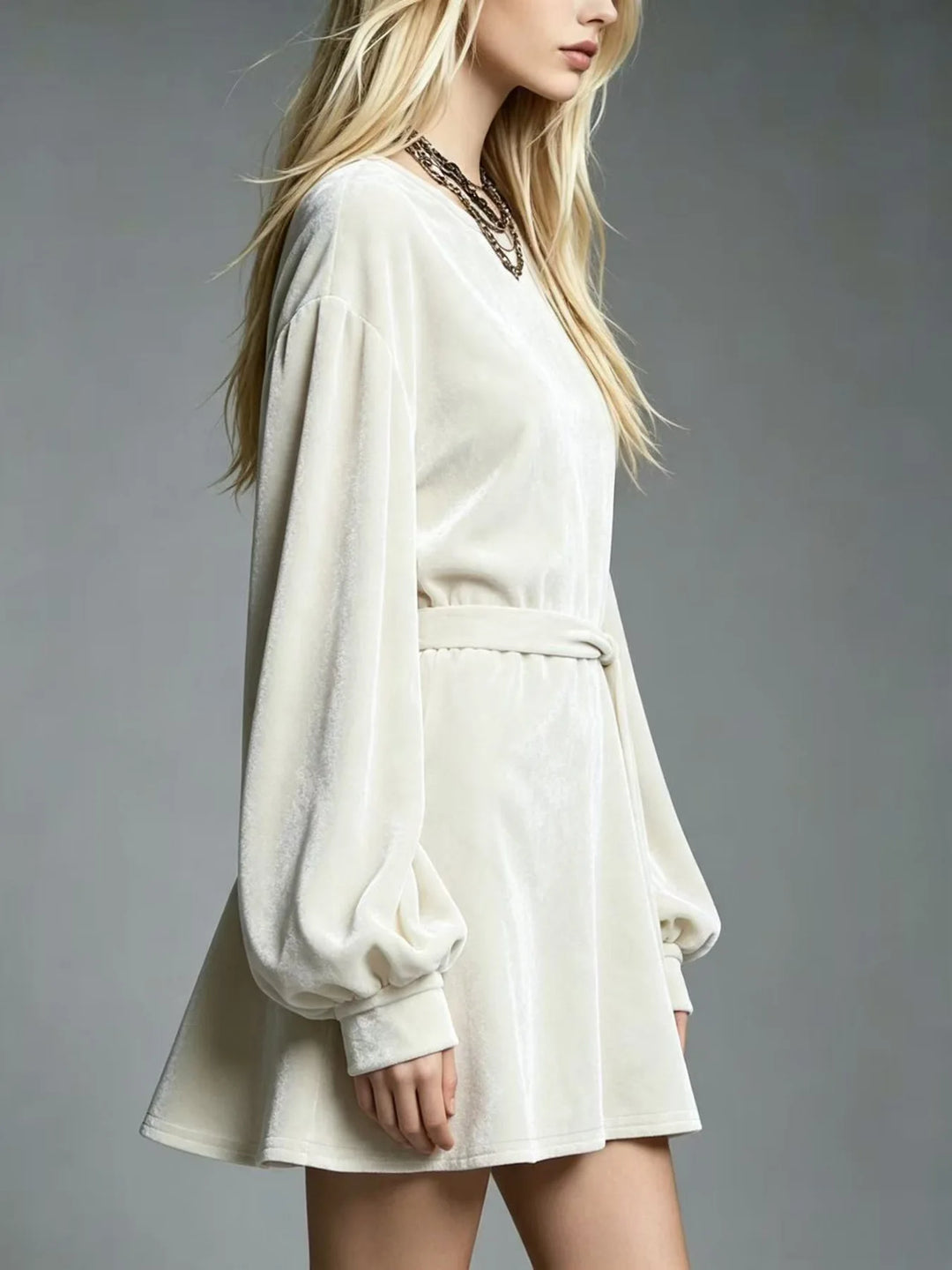 Ivory velvet mini dress side profile view