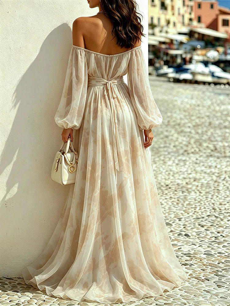 Back view of apricot floral print maxi dress with waist tie