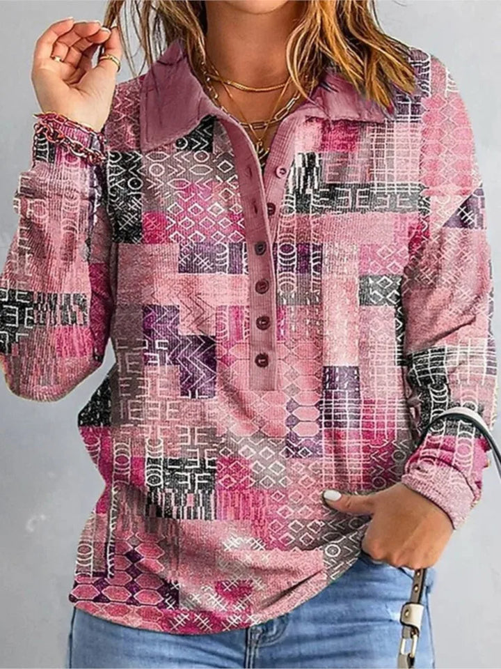Woman wearing pink patchwork print button placket top