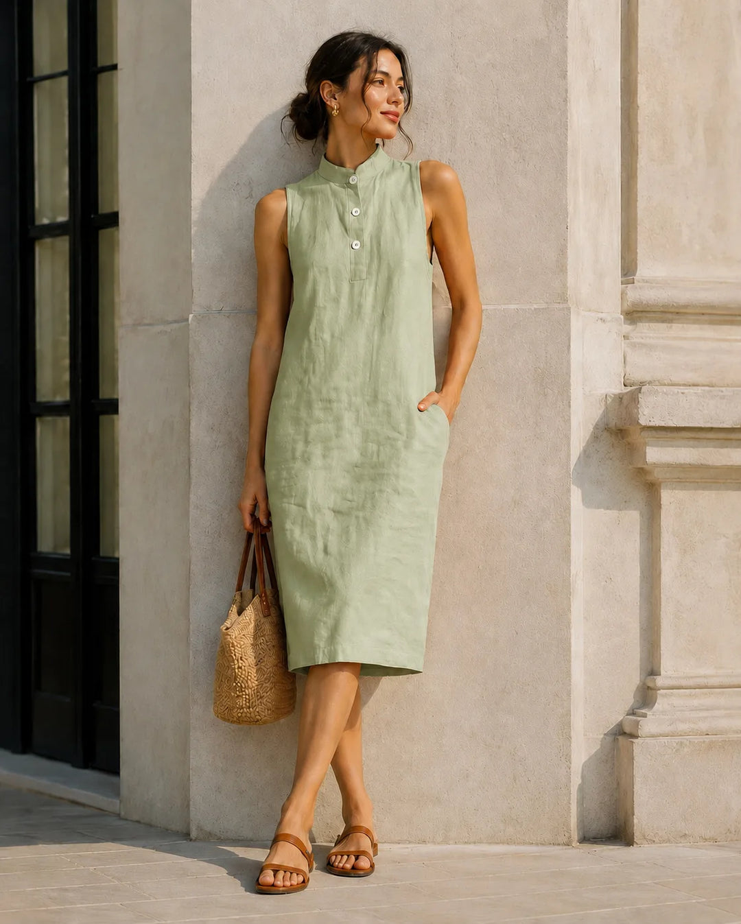 Clara Breathable Sleeveless Linen Midi Dress