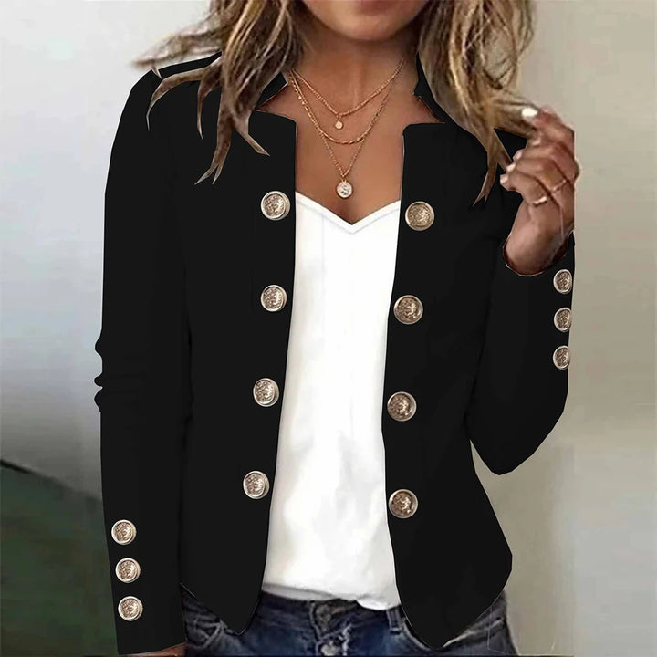 Black blazer with gold button detail worn open