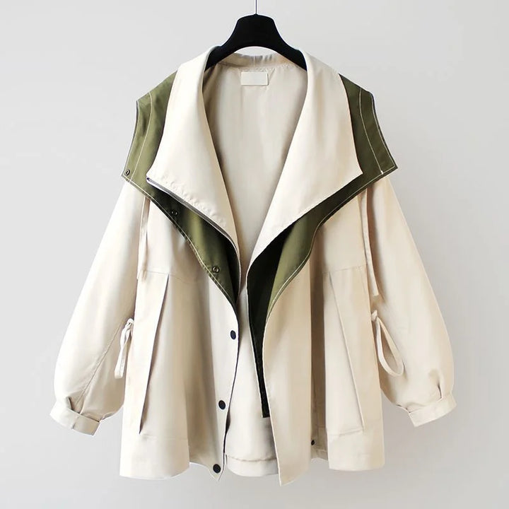 Apricot trench jacket with green contrast collar lining