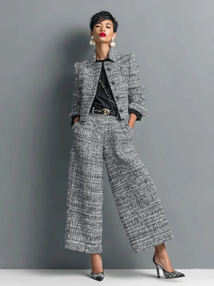 Woman wearing silver gray tweed cropped jacket and wide leg pants set