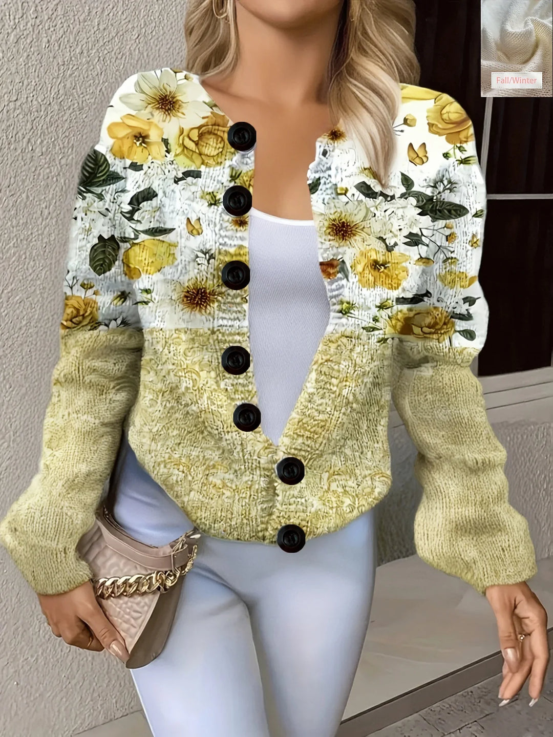 Yellow floral colorblock knit cardigan, front view