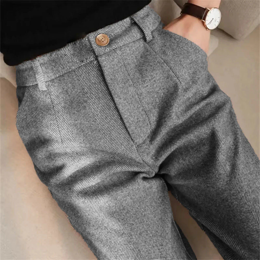 Herringbone trousers in charcoal gray with button waistband