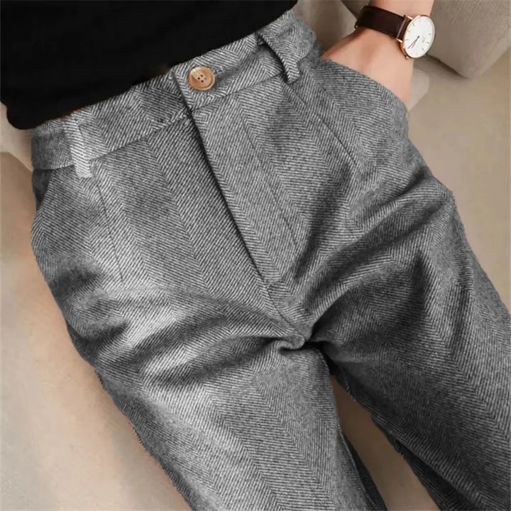 Herringbone trousers in charcoal gray with button waistband