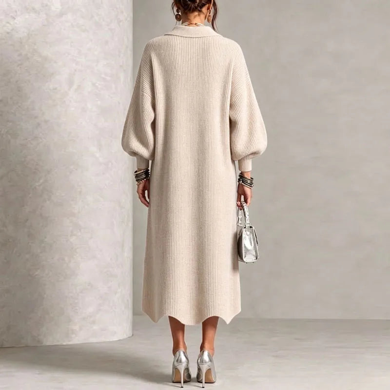 Apricot sweater dress, back view showing collar and sleeves