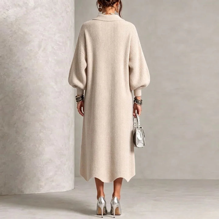 Apricot sweater dress, back view showing collar and sleeves
