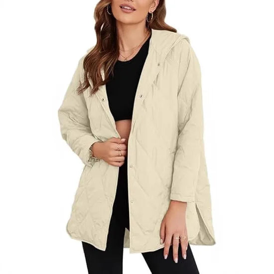 Woman wearing apricot quilted hooded jacket, front view open