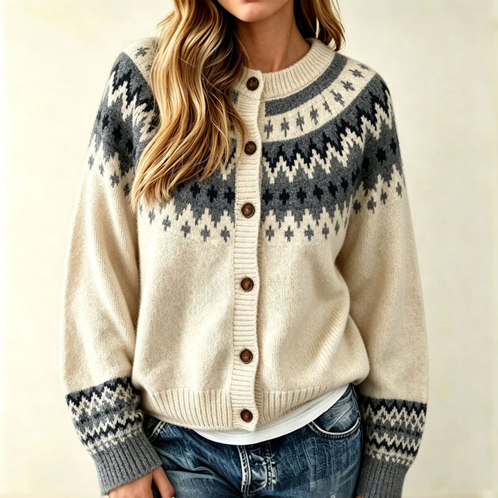 Woman wearing beige fair isle knit cardigan with grey pattern