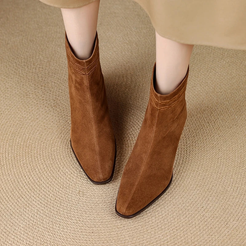 Close up of brown suede ankle boots toe shape