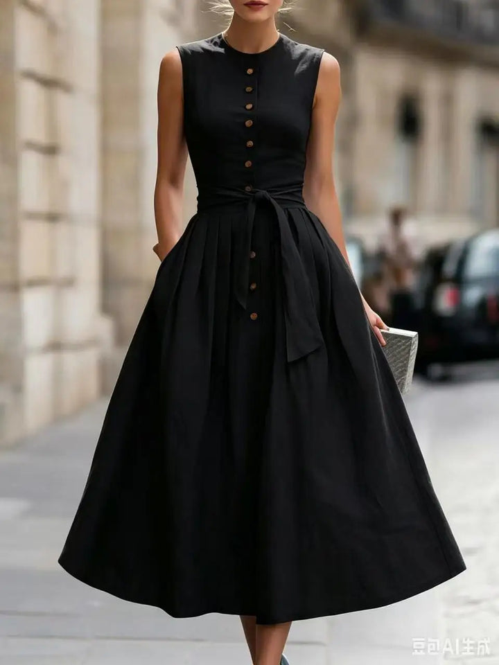 Harper Elegant Tie Waist Linen Midi Dress