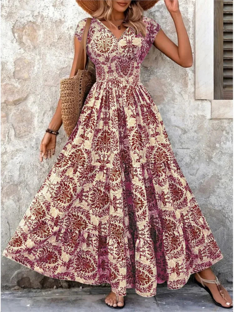 Fiona Elegant V Neck Bohemian Maxi Dress