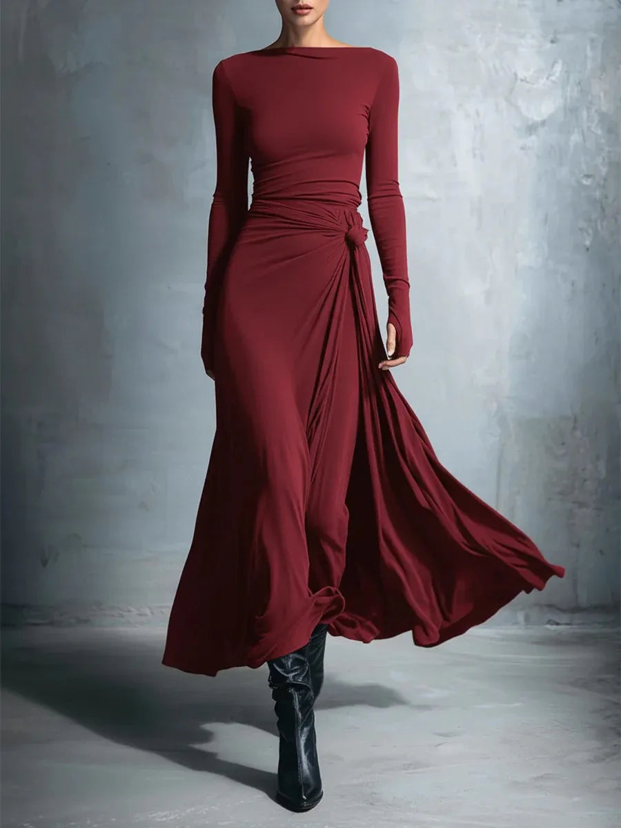 Red twisted knot maxi dress front view