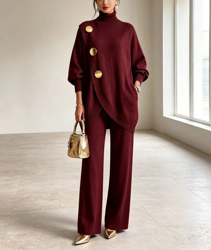 Wine red sweater set with gold button detail, front view