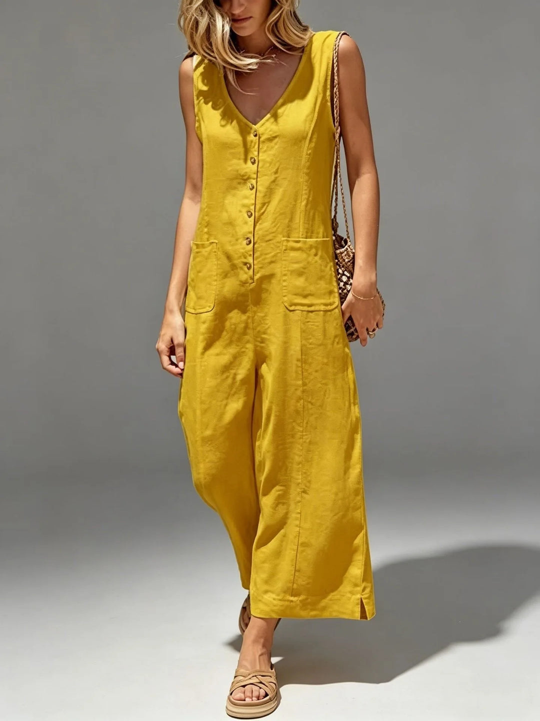 Vivian Breathable Cotton Linen Wide Leg Jumpsuit