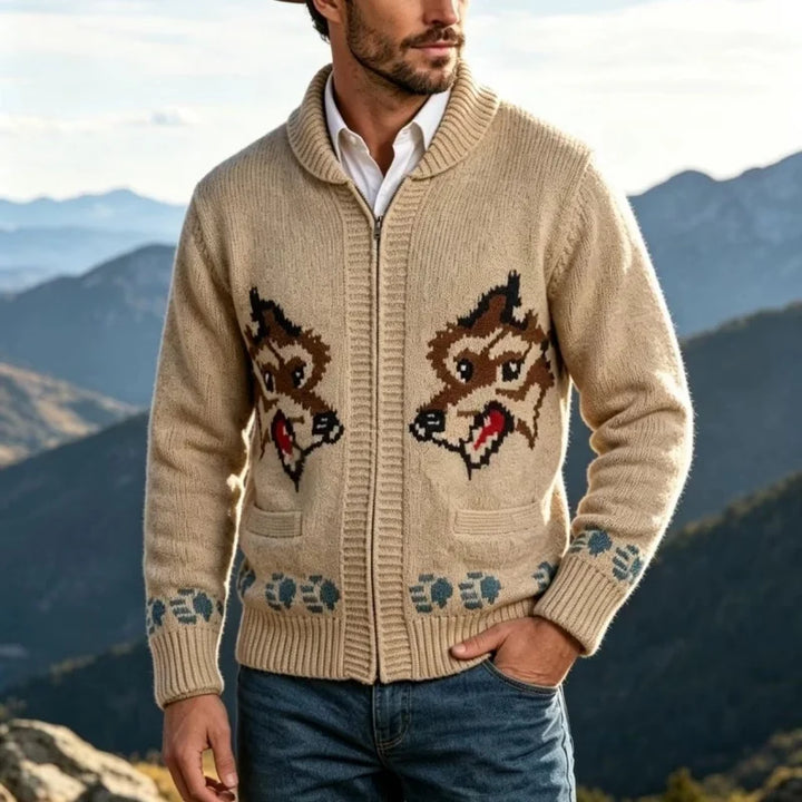 Close-up of beige fox graphic knit cardigan with shawl collar