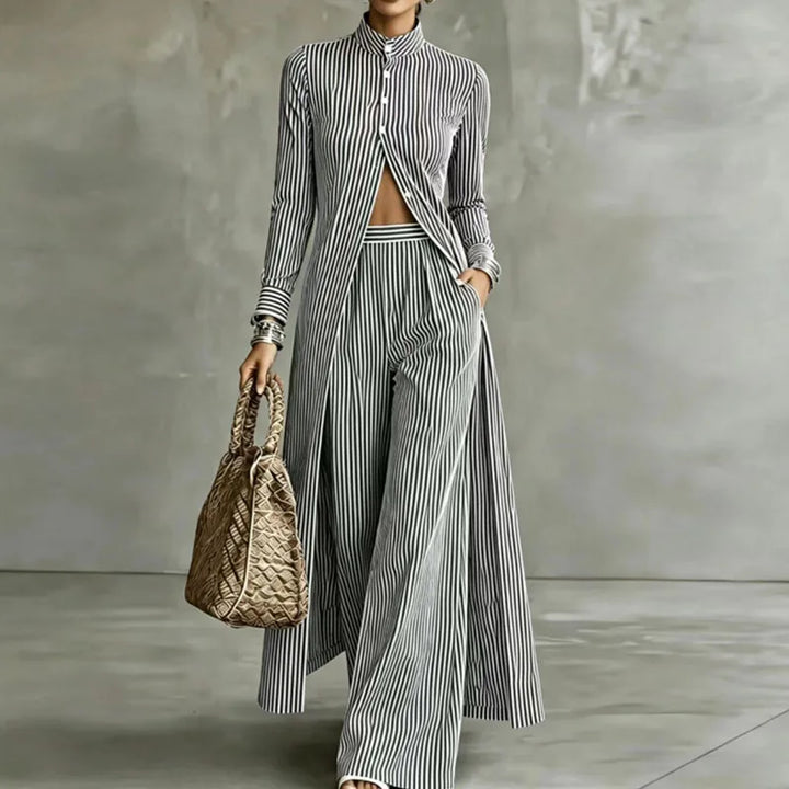 Woman wearing black and white striped two piece set with wide leg pants