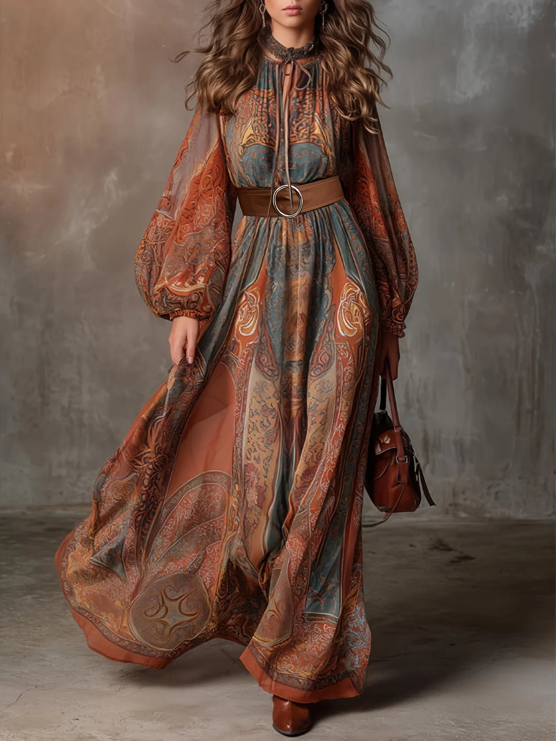 Woman wearing paisley print maxi dress with lantern sleeves and belted waist, front view