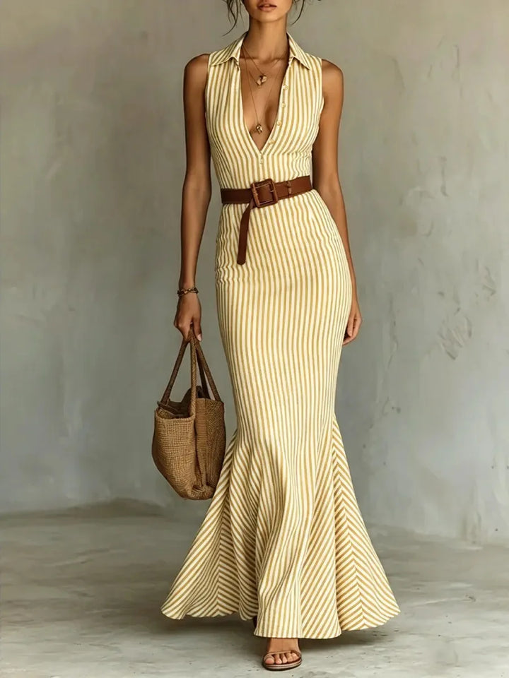 Ada Elegant V Neck Striped Long Dress