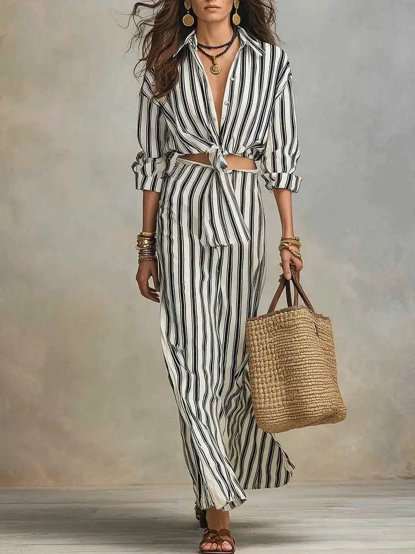 Fiona Striped Button Down Blouse Skirt Set