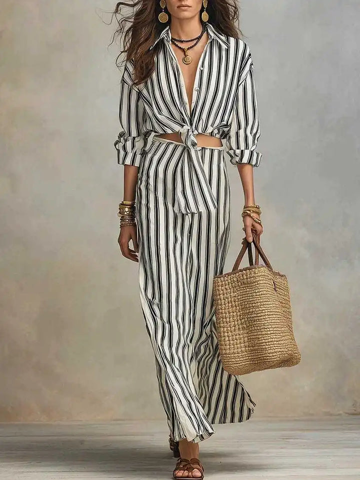 Fiona Striped Button Down Blouse Skirt Set
