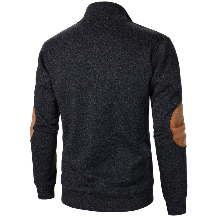 Black heathered quarter-button pullover, back view