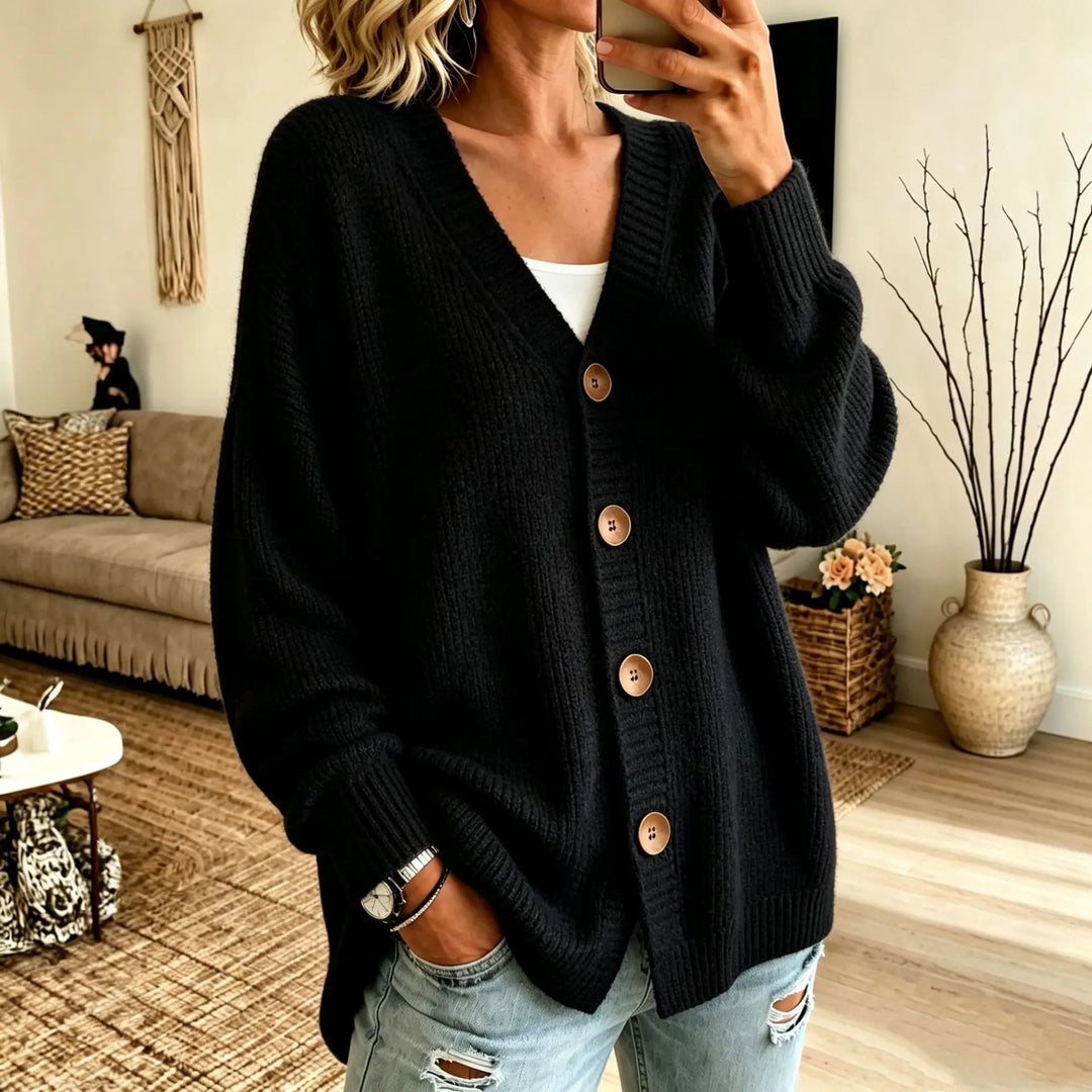 Black oversized button-front V-neck cardigan sweater