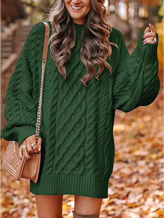 Dark green cable knit sweater dress close up