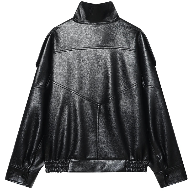 Back view of black leather bomber jacket with seam detailing