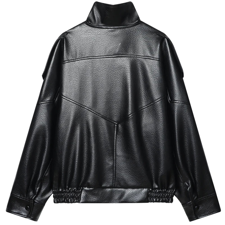 Back view of black leather bomber jacket with seam detailing