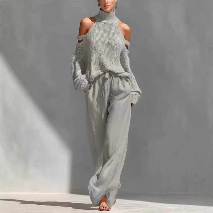 Gray cutout shoulder sweater and wide leg pant set, front view